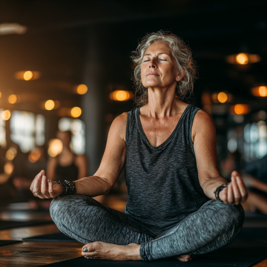 Літня жінка виконує йогу на природі