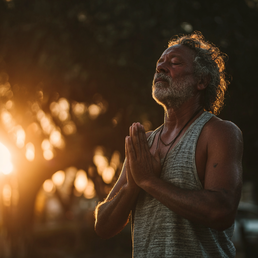 Група літніх людей виконує йогу в залі